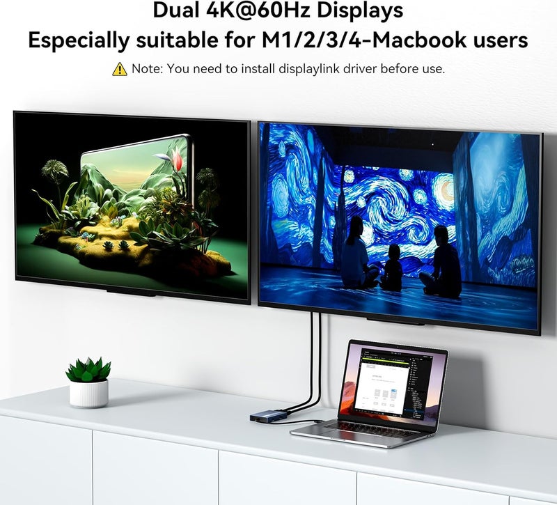 Acasis USB C to Dual HDMI DisplayLink Adapter, 4K@60Hz, 2 HDMI & 3 USB-A Ports, 100W PD Charging, USB C DisplayLink Docking Station for Mac M1/M2/M3/Windows,USB A/C to Dual Monitor Adapter - Image 3